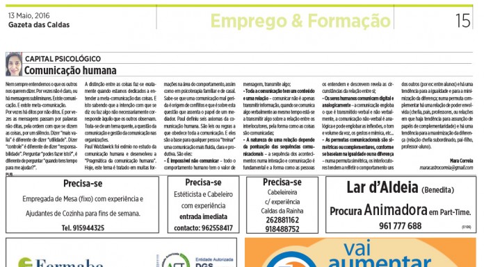 Emprego e Classificados 13-05-2016 Noticias das Caldas