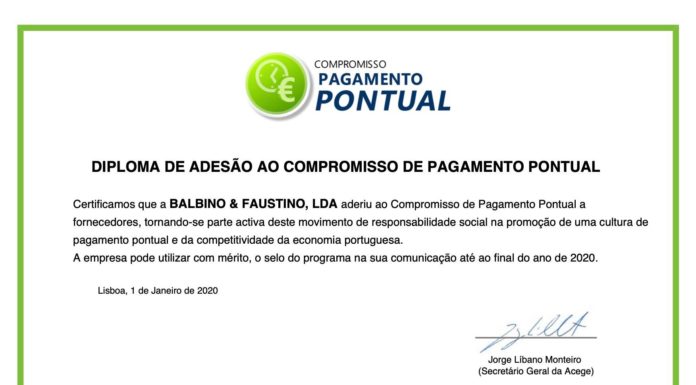 Balbino&Faustino adere a compromisso de pagamentos pontuais