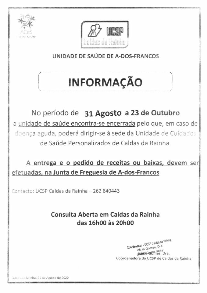 Extensão de saúde de A-dos-Francos reabre segunda-feira